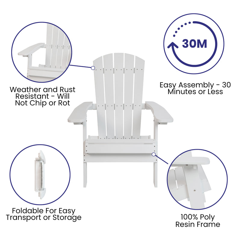 2 Pack Charlestown All-Weather Poly Resin Folding Adirondack Chair with Side Table