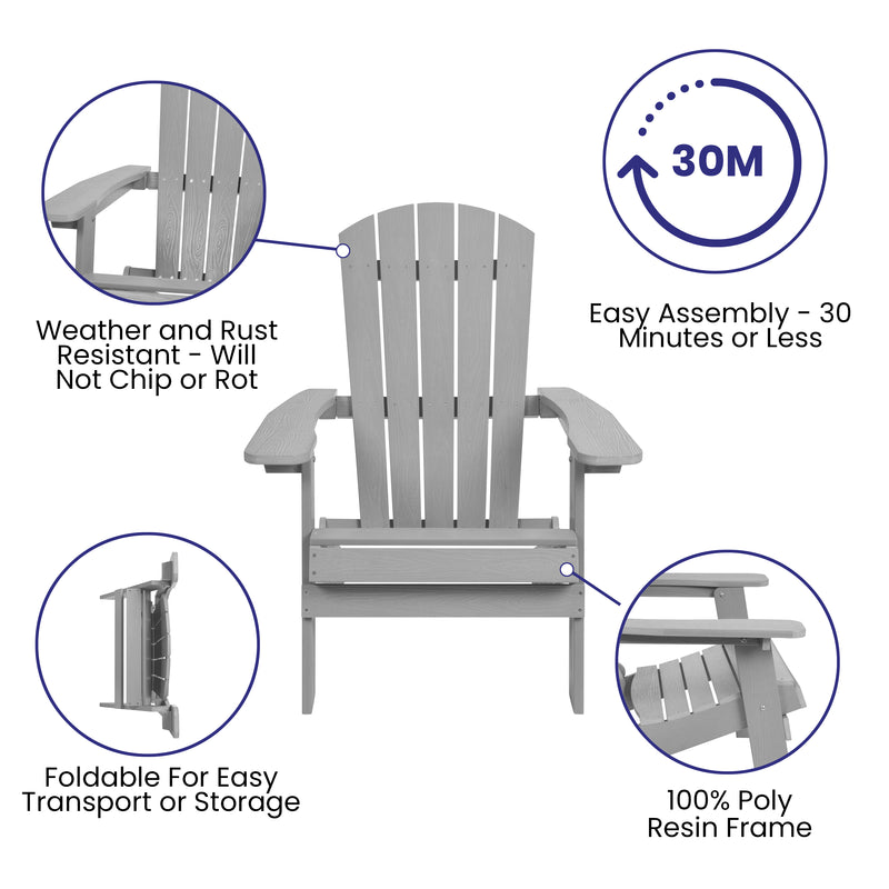 Charlestown All-Weather Poly Resin Indoor/Outdoor Folding Adirondack Chair in Gray