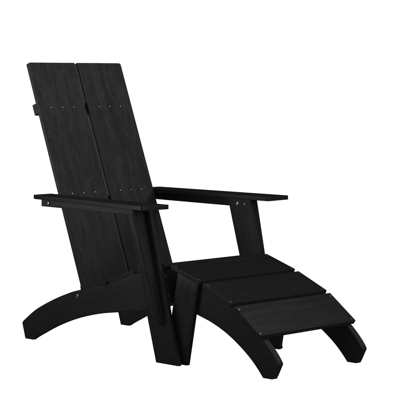 Sawyer Modern All-Weather Poly Resin Wood Adirondack Chair with Foot Rest in Black