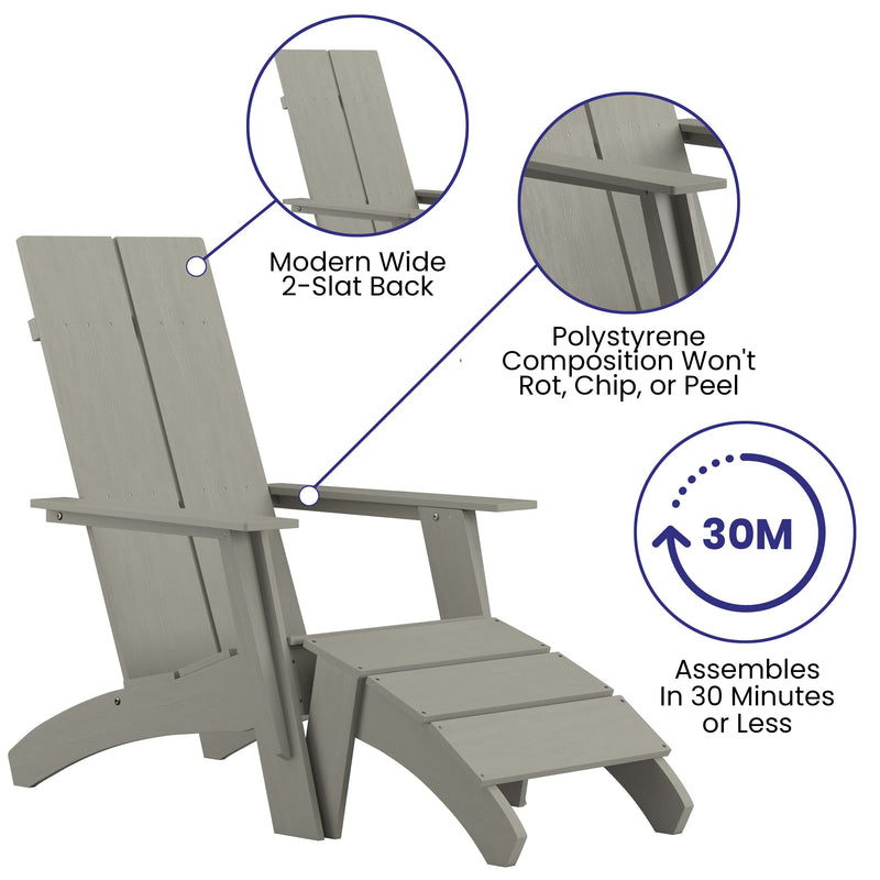 Sawyer Modern All-Weather Poly Resin Wood Adirondack Chair with Foot Rest in Gray