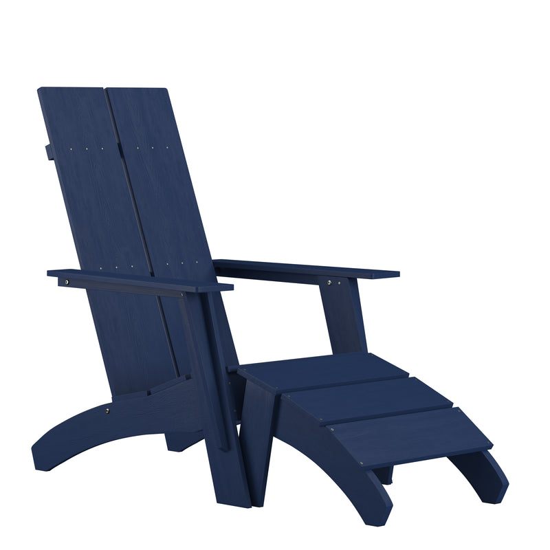 Sawyer Modern All-Weather Poly Resin Wood Adirondack Chair with Foot Rest in Navy