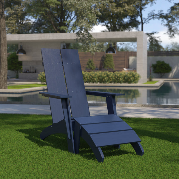 Sawyer Modern All-Weather Poly Resin Wood Adirondack Chair with Foot Rest in Navy