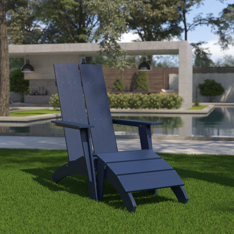 Sawyer Modern All-Weather Poly Resin Wood Adirondack Chair with Foot Rest in Navy