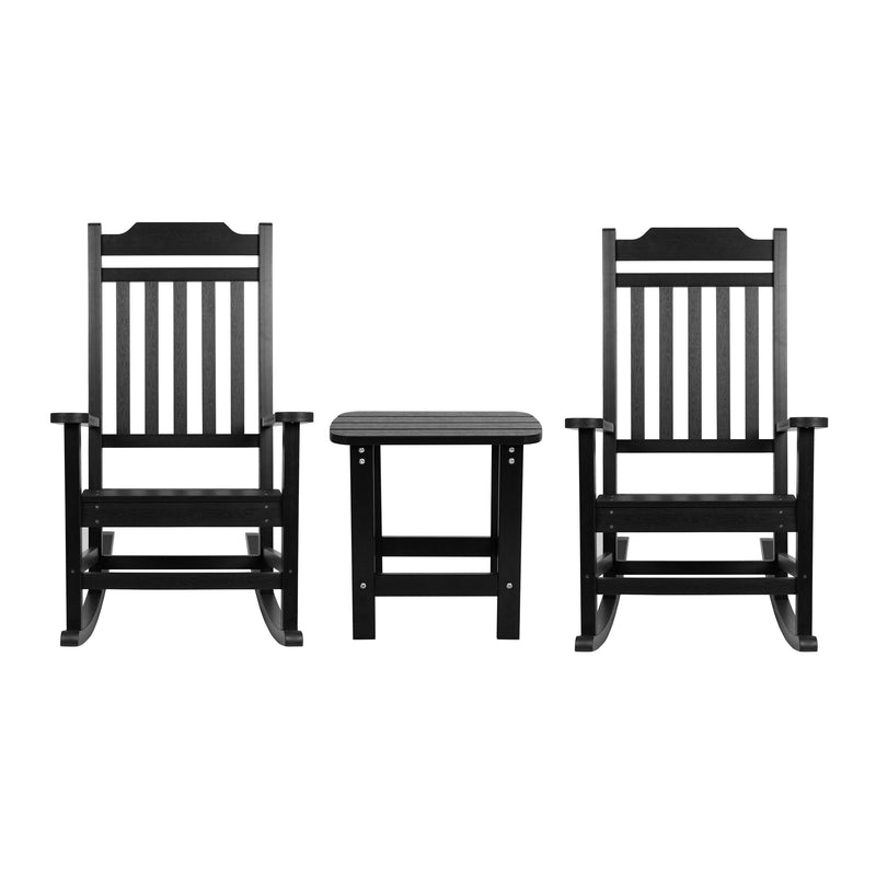 Set of 2 Winston All-Weather Poly Resin Rocking Chairs with Accent Side Table in Black