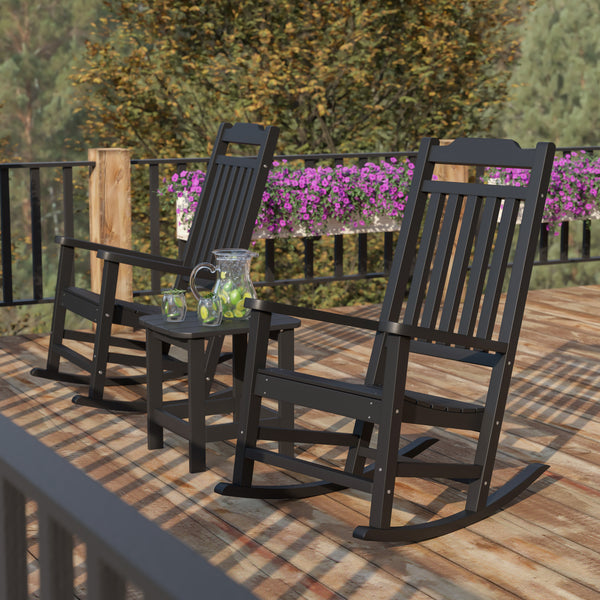 Set of 2 Winston All-Weather Poly Resin Rocking Chairs with Accent Side Table in Black