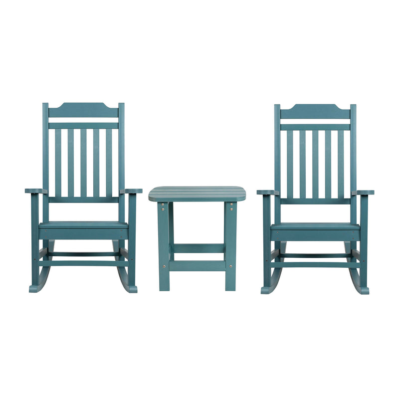 Set of 2 Winston All-Weather Poly Resin Rocking Chairs with Accent Side Table in Teal