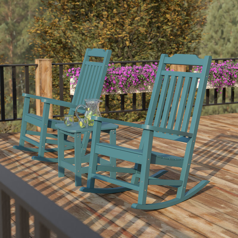 Set of 2 Winston All-Weather Poly Resin Rocking Chairs with Accent Side Table in Teal