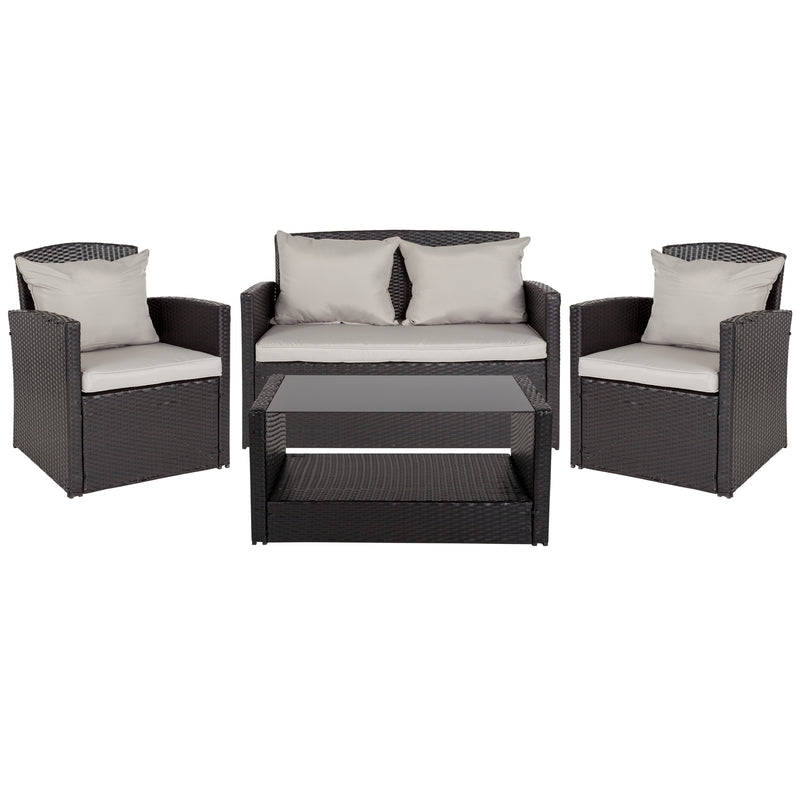 Aransas Series 4 Piece Black Patio Set with Gray Back Pillows and Seat Cushions