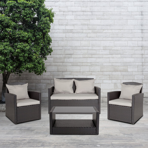 Aransas Series 4 Piece Black Patio Set with Gray Back Pillows and Seat Cushions