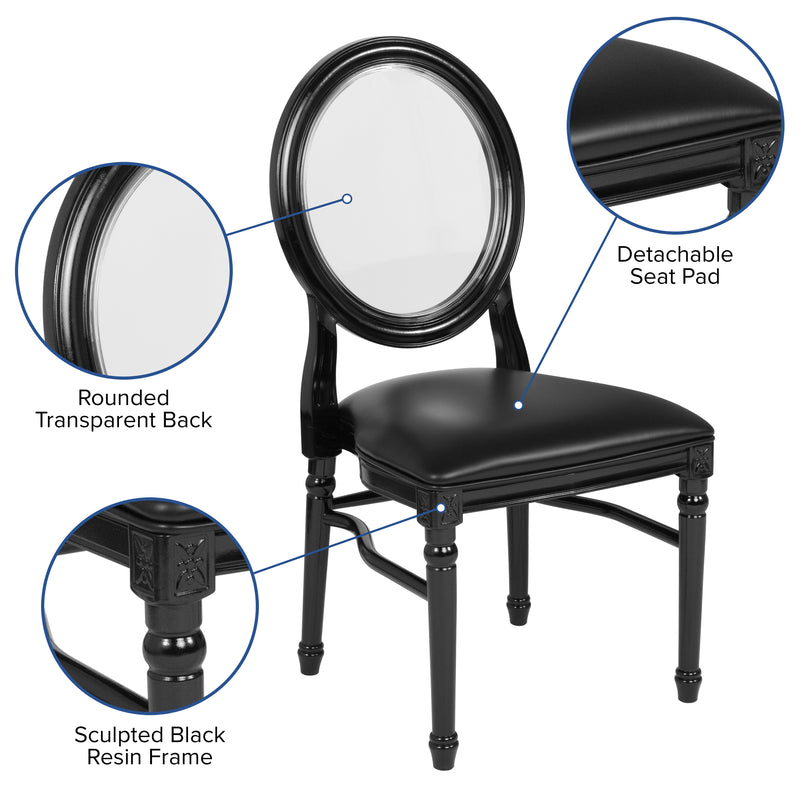 SINGLEWAVE Series 900 lb. Capacity King Louis Chair with Transparent Back, Black Vinyl Seat and Black Frame