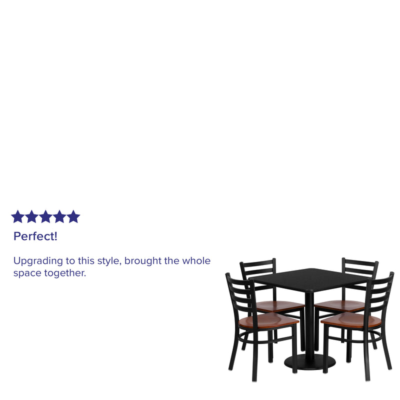 30'' Square Black Laminate Table Set with 4 Ladder Back Metal Chairs - Cherry Wood Seat