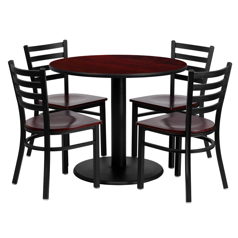 36'' Round Mahogany Laminate Table Set with 4 Ladder Back Metal Chairs - Mahogany Wood Seat