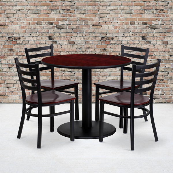 36'' Round Mahogany Laminate Table Set with 4 Ladder Back Metal Chairs - Mahogany Wood Seat