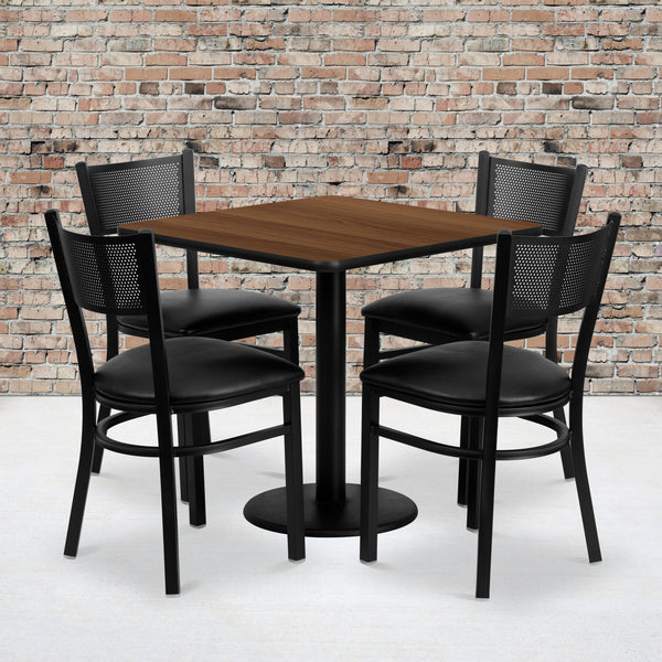 30'' Square Walnut Laminate Table Set with 4 Grid Back Metal Chairs - Black Vinyl Seat
