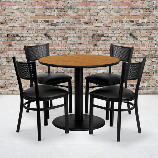 36'' Round Natural Laminate Table Set with 4 Grid Back Metal Chairs - Black Vinyl Seat