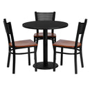 30'' Round Black Laminate Table Set with 3 Grid Back Metal Chairs - Cherry Wood Seat