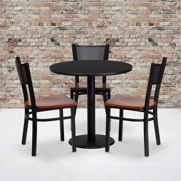 30'' Round Black Laminate Table Set with 3 Grid Back Metal Chairs - Cherry Wood Seat
