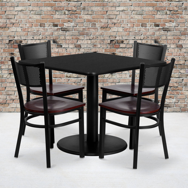 36'' Square Black Laminate Table Set with 4 Grid Back Metal Chairs - Mahogany Wood Seat