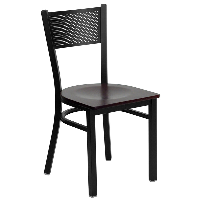 36'' Square Black Laminate Table Set with 4 Grid Back Metal Chairs - Mahogany Wood Seat