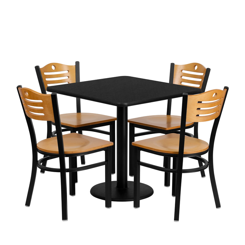 30'' Square Black Laminate Table Set with 4 Wood Slat Back Metal Chairs - Natural Wood Seat