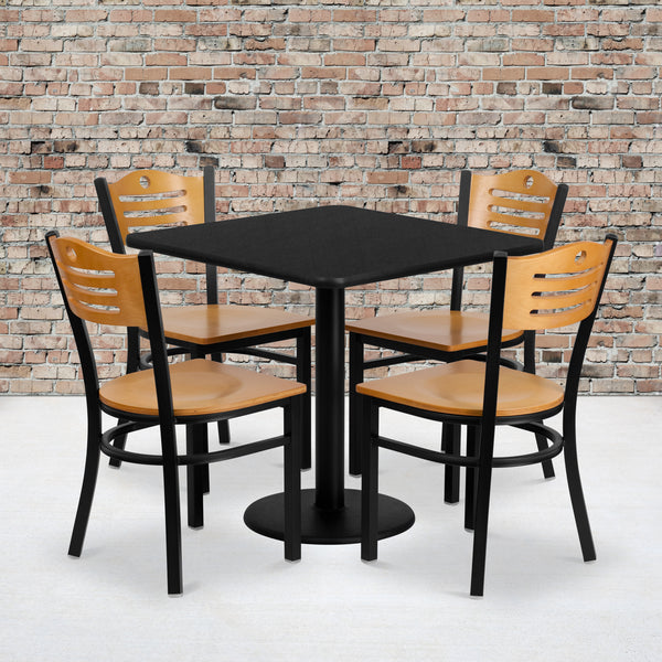 30'' Square Black Laminate Table Set with 4 Wood Slat Back Metal Chairs - Natural Wood Seat