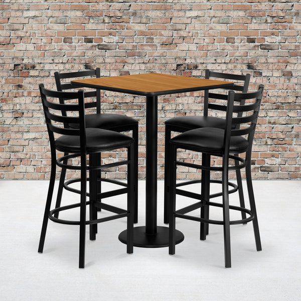 30'' Square Natural Laminate Table Set with 4 Ladder Back Metal Barstools - Black Vinyl Seat