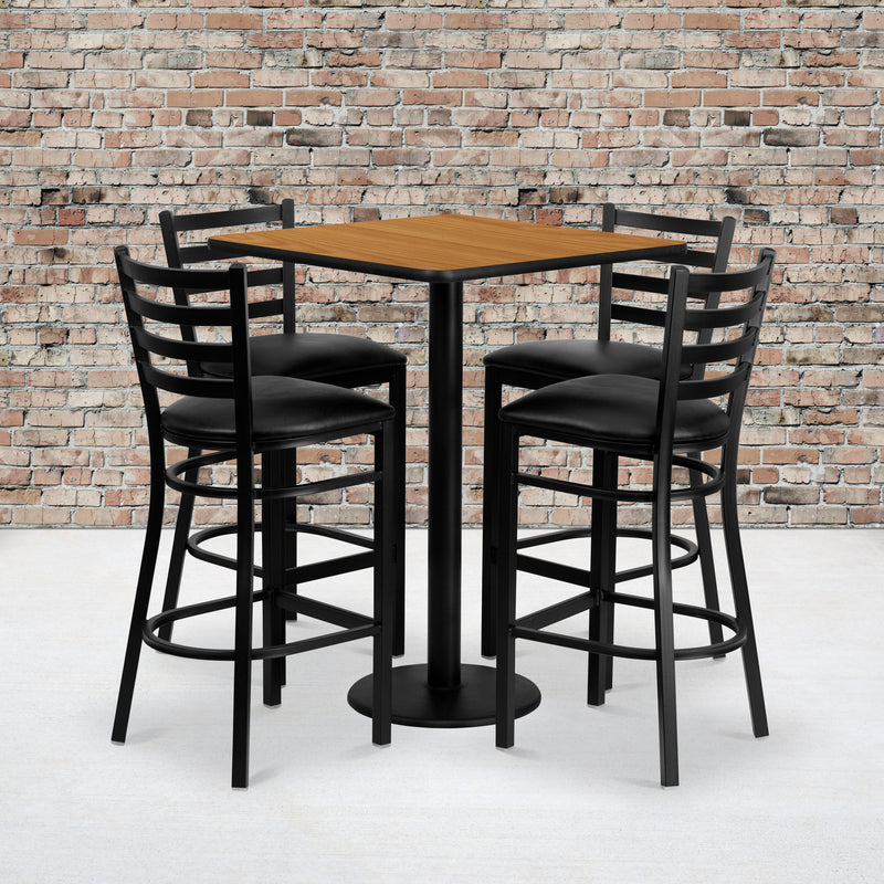 30'' Square Natural Laminate Table Set with 4 Ladder Back Metal Barstools - Black Vinyl Seat