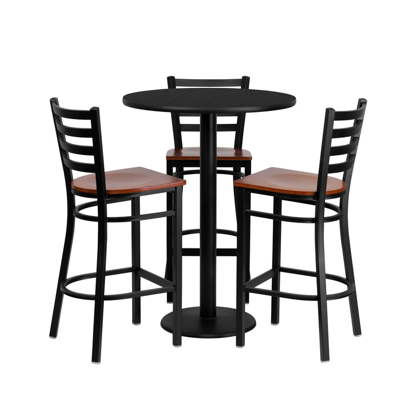 30'' Round Black Laminate Table Set with 3 Ladder Back Metal Barstools - Cherry Wood Seat