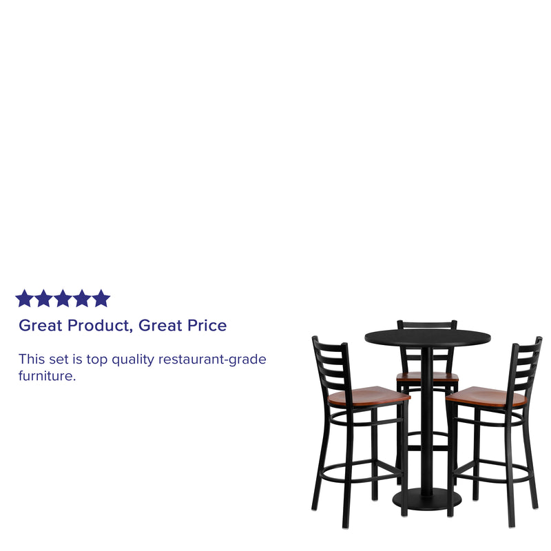 30'' Round Black Laminate Table Set with 3 Ladder Back Metal Barstools - Cherry Wood Seat