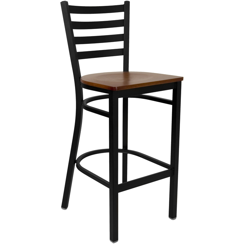 30'' Round Black Laminate Table Set with 3 Ladder Back Metal Barstools - Cherry Wood Seat