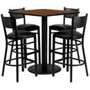 36'' Square Walnut Laminate Table Set with 4 Grid Back Metal Barstools - Black Vinyl Seat