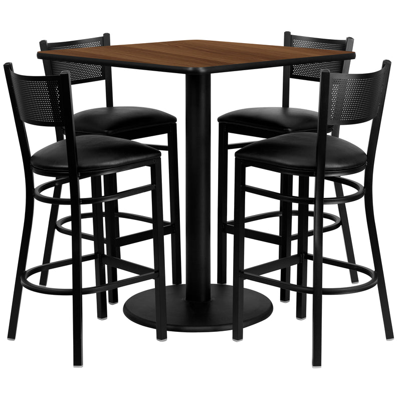 36'' Square Walnut Laminate Table Set with 4 Grid Back Metal Barstools - Black Vinyl Seat