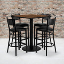 36'' Square Walnut Laminate Table Set with 4 Grid Back Metal Barstools - Black Vinyl Seat