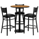 30'' Round Natural Laminate Table Set with 3 Grid Back Metal Barstools - Black Vinyl Seat