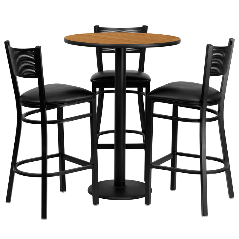 30'' Round Natural Laminate Table Set with 3 Grid Back Metal Barstools - Black Vinyl Seat