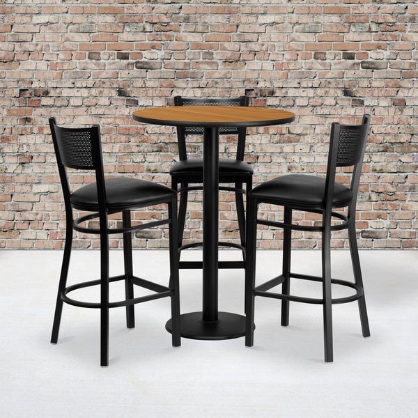 30'' Round Natural Laminate Table Set with 3 Grid Back Metal Barstools - Black Vinyl Seat