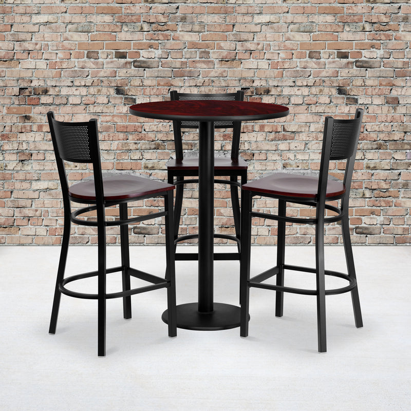 30'' Round Mahogany Laminate Table Set with 3 Grid Back Metal Barstools - Mahogany Wood Seat