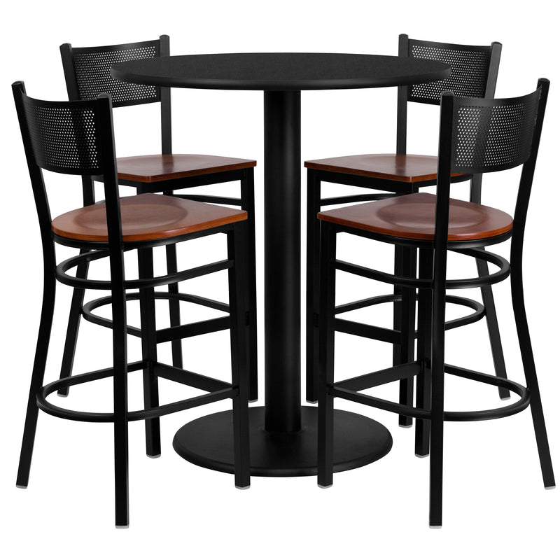 36'' Round Black Laminate Table Set with 4 Grid Back Metal Barstools - Cherry Wood Seat