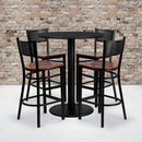 36'' Round Black Laminate Table Set with 4 Grid Back Metal Barstools - Cherry Wood Seat