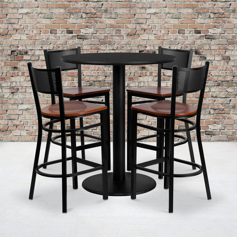 36'' Round Black Laminate Table Set with 4 Grid Back Metal Barstools - Cherry Wood Seat