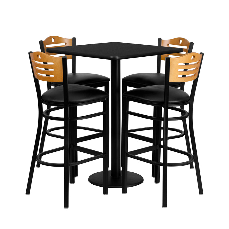 30'' Square Black Laminate Table Set with 4 Wood Slat Back Metal Barstools - Black Vinyl Seat