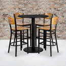 36'' Round Black Laminate Table Set with 4 Wood Slat Back Metal Barstools - Natural Wood Seat