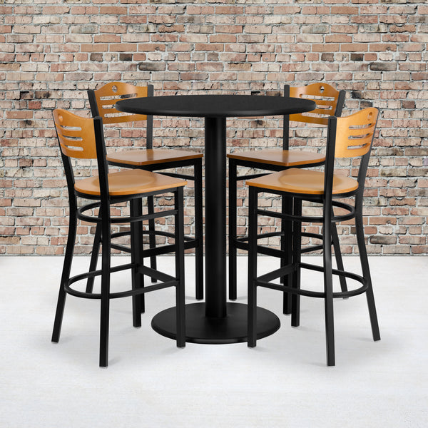 36'' Round Black Laminate Table Set with 4 Wood Slat Back Metal Barstools - Natural Wood Seat