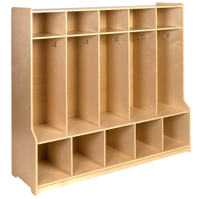 Wooden 5 Section School Coat Locker with Bench, Cubbies, and Storage Organizer Hook-Safe, Kid Friendly Design - 48"H x 48"L (Natural)