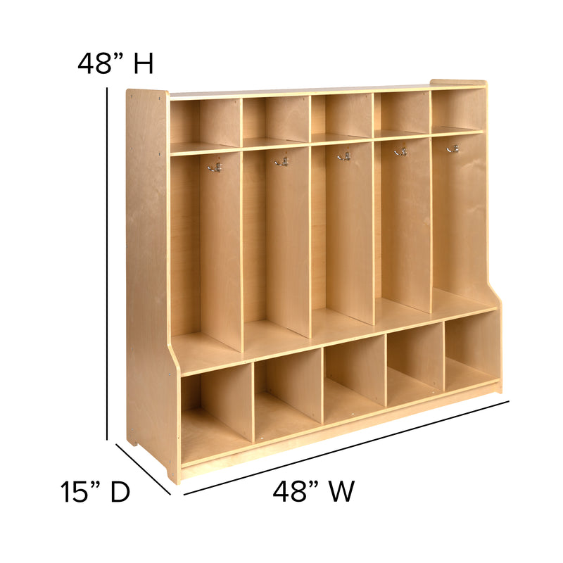 Wooden 5 Section School Coat Locker with Bench, Cubbies, and Storage Organizer Hook-Safe, Kid Friendly Design - 48"H x 48"L (Natural)