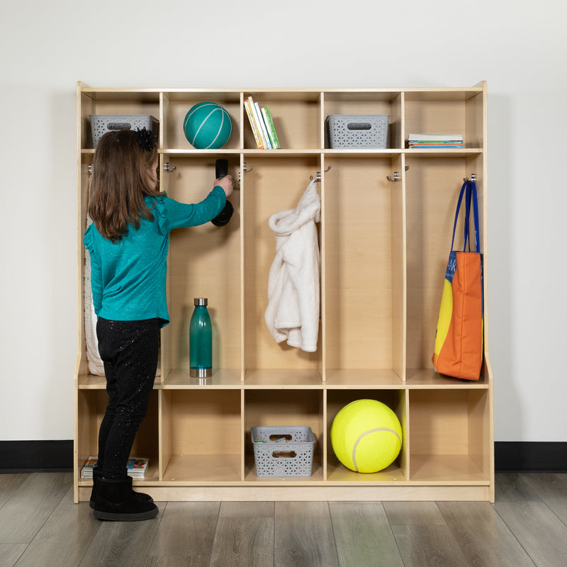 Wooden 5 Section School Coat Locker with Bench, Cubbies, and Storage Organizer Hook-Safe, Kid Friendly Design - 48"H x 48"L (Natural)