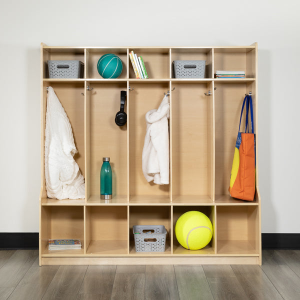 Wooden 5 Section School Coat Locker with Bench, Cubbies, and Storage Organizer Hook-Safe, Kid Friendly Design - 48"H x 48"L (Natural)