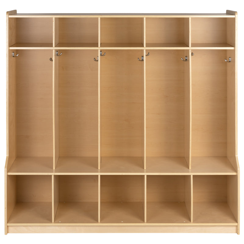 Wooden 5 Section School Coat Locker with Bench, Cubbies, and Storage Organizer Hook-Safe, Kid Friendly Design - 48"H x 48"L (Natural)