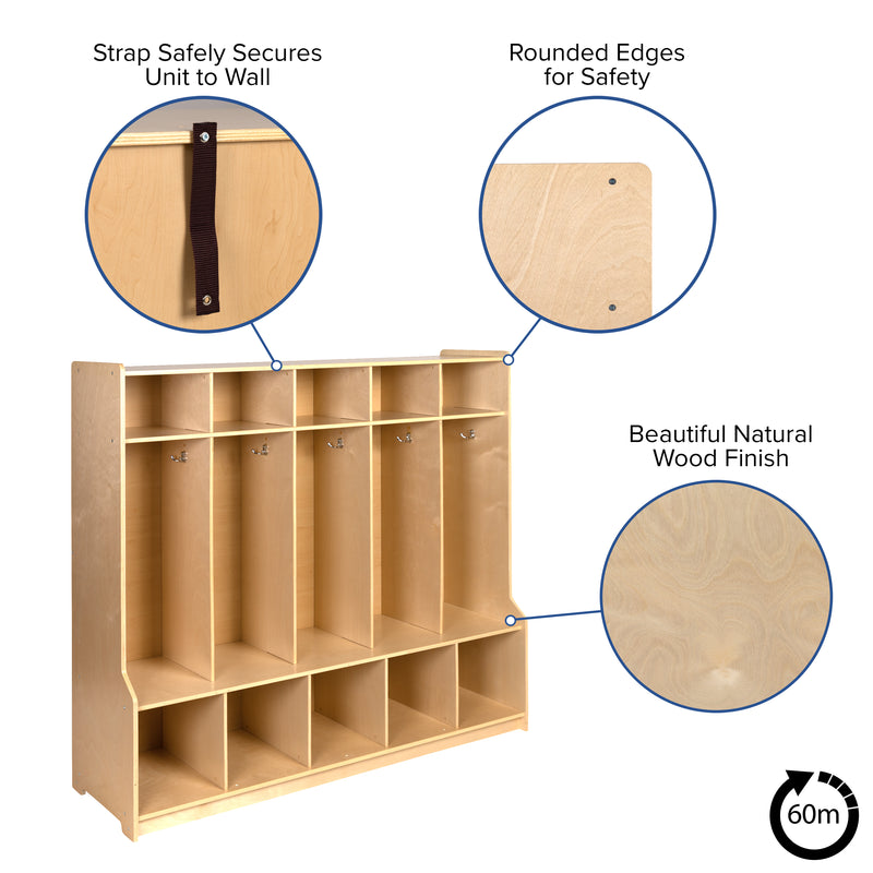 Wooden 5 Section School Coat Locker with Bench, Cubbies, and Storage Organizer Hook-Safe, Kid Friendly Design - 48"H x 48"L (Natural)