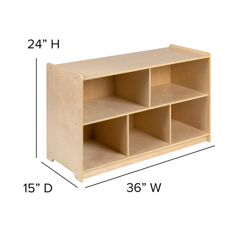 Wooden 5 Section School Classroom Storage Cabinet for Commercial or Home Use - Safe, Kid Friendly Design - 24"H x 36"L (Natural)